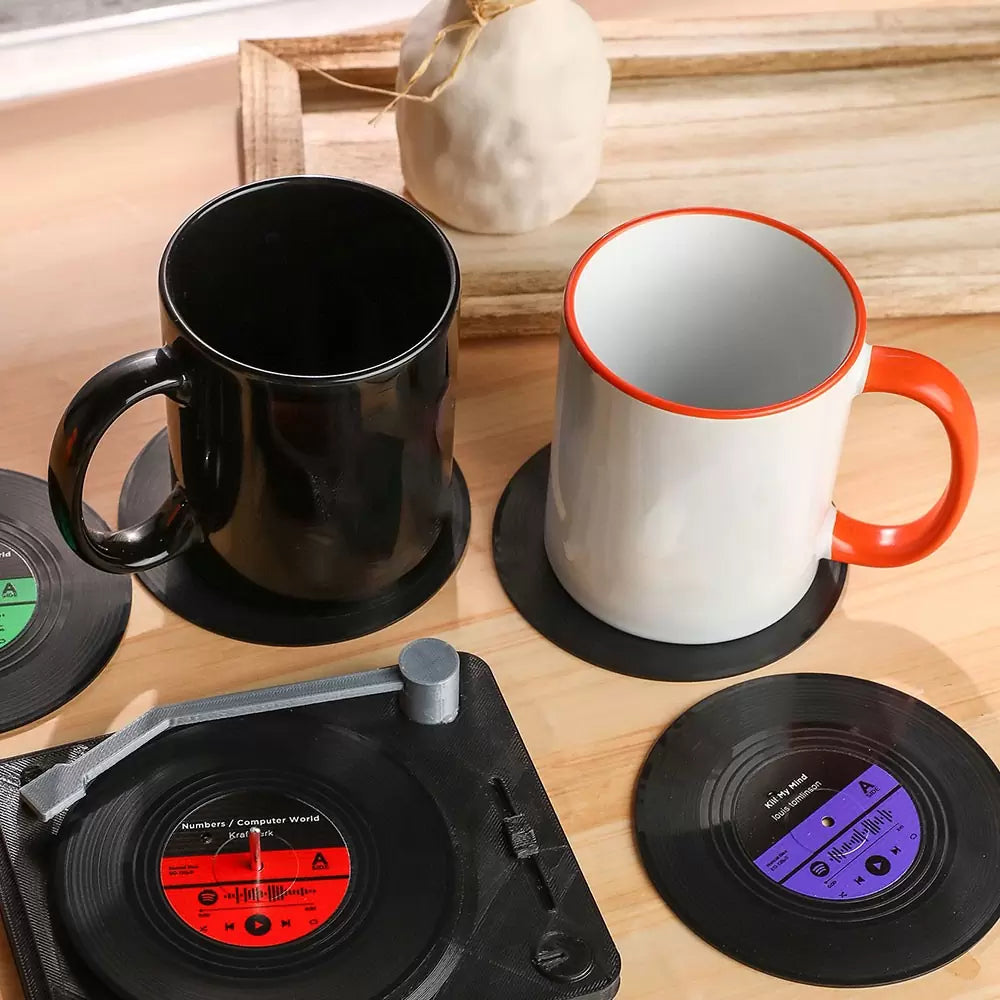 Vinyl record coasters | Set of 4 personalized gifts coasters & turnable holder