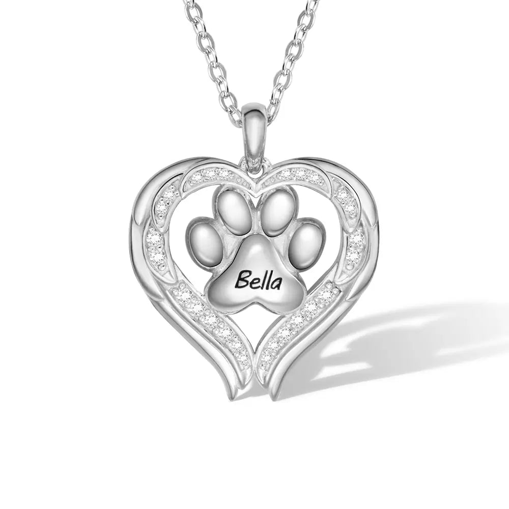 Custom Paw Print With Angel Wings Necklace