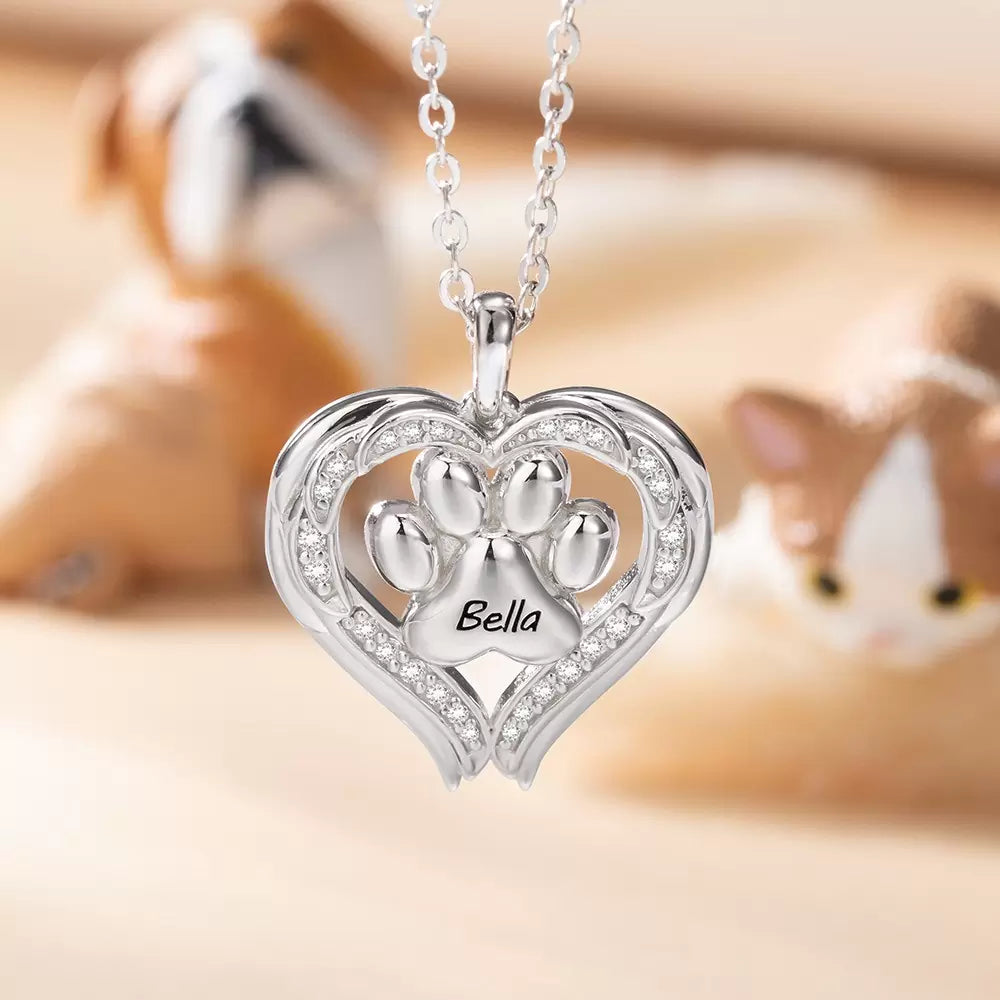 Custom Paw Print With Angel Wings Necklace