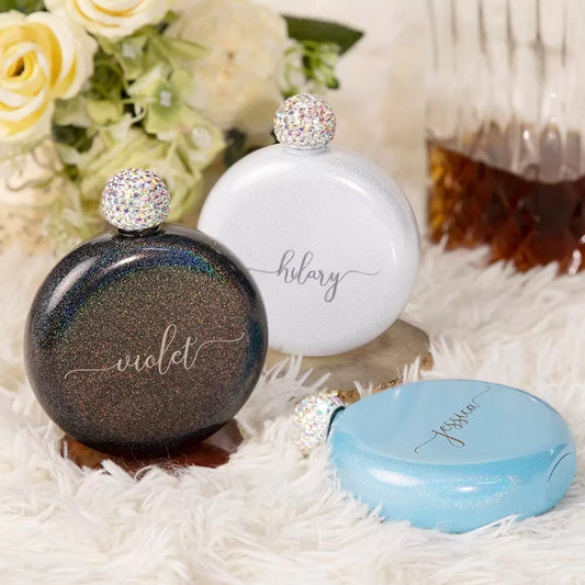 Custom Round Flasks with Rhinestone Lid | Best Friend, Bridesmaid Proposal