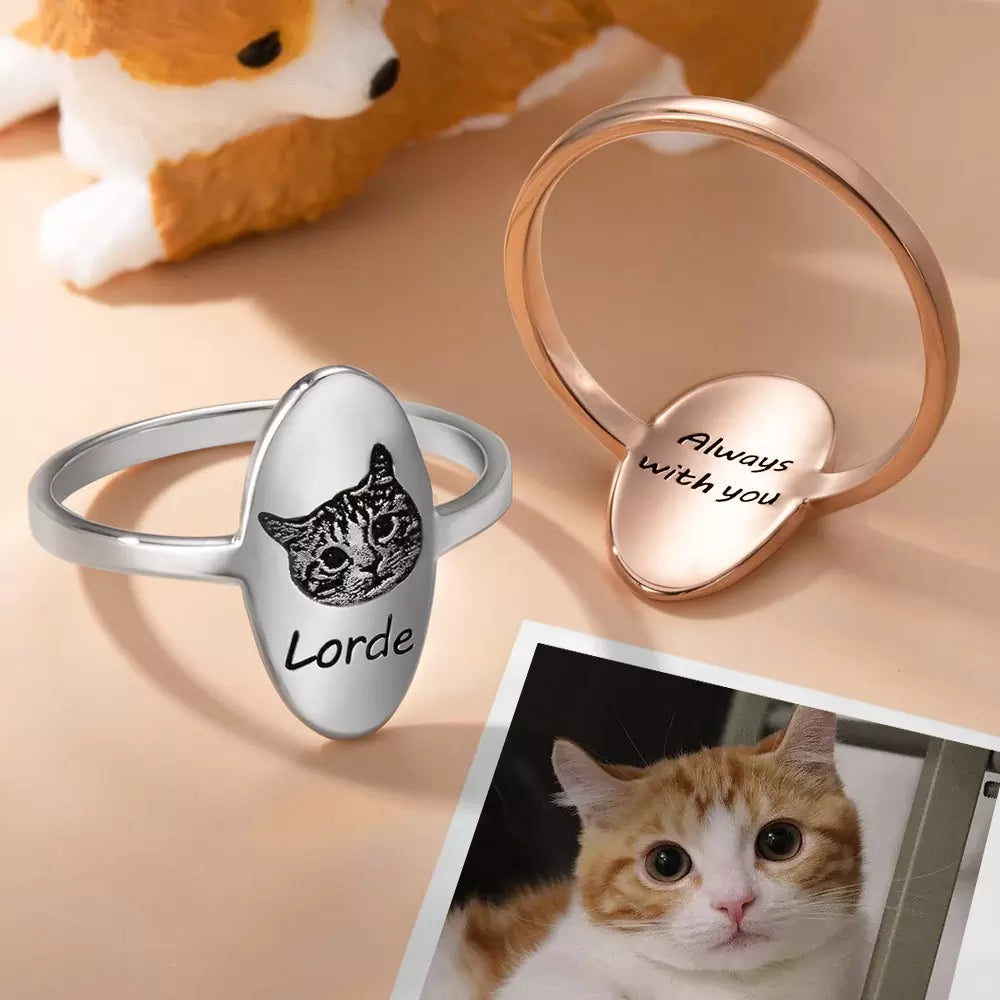 Custom pet photo signet ring with engraved pet portrait, pet name, and inside band text