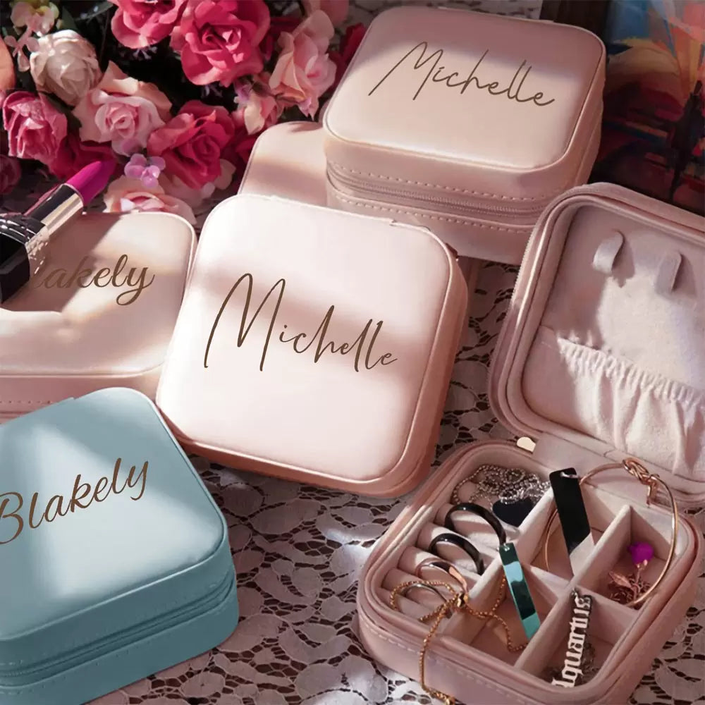 Custom Name Jewelry Box, Vegan Leather Jewelry Travel Case Organizer