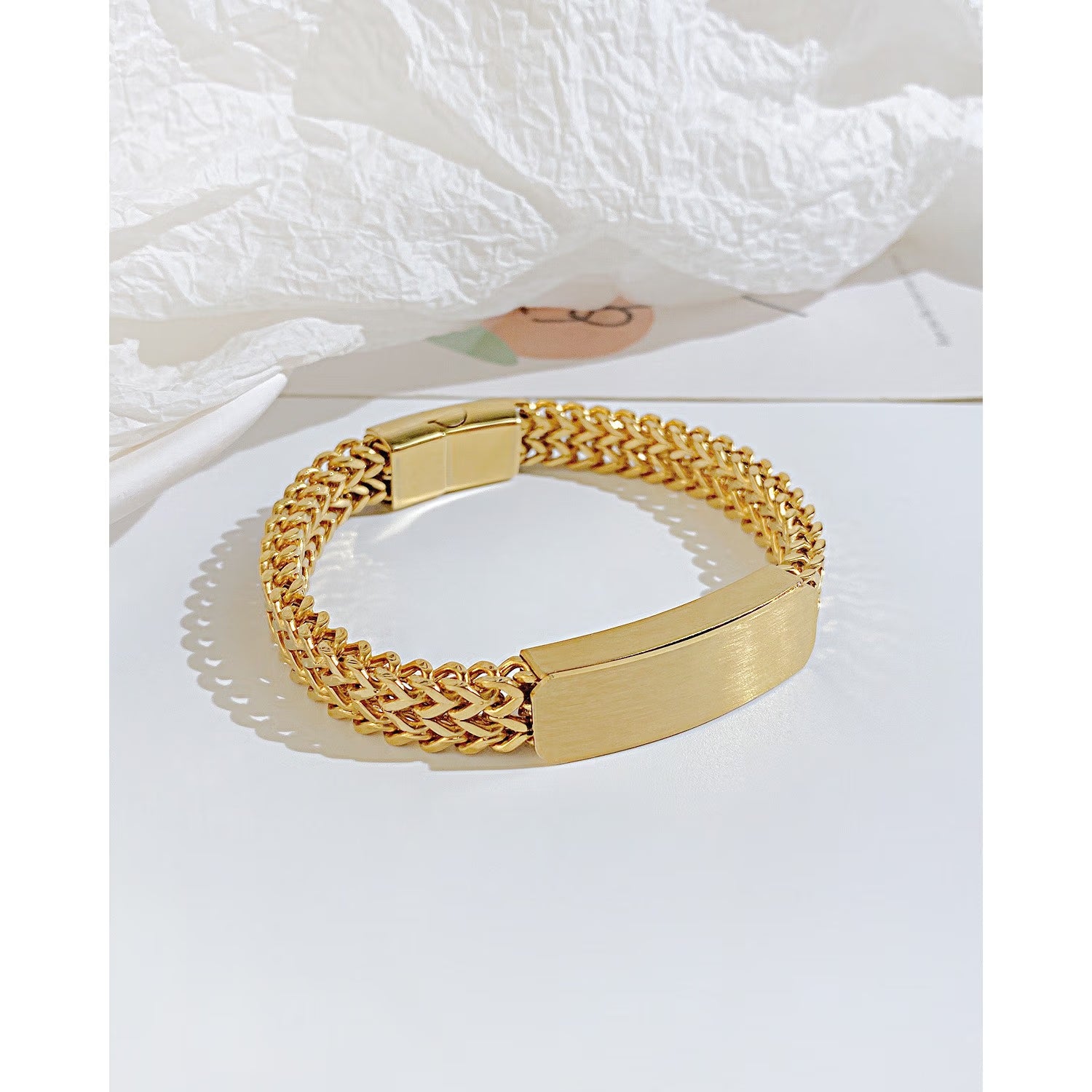 Gold custom men's bracelet with engraved nameplate