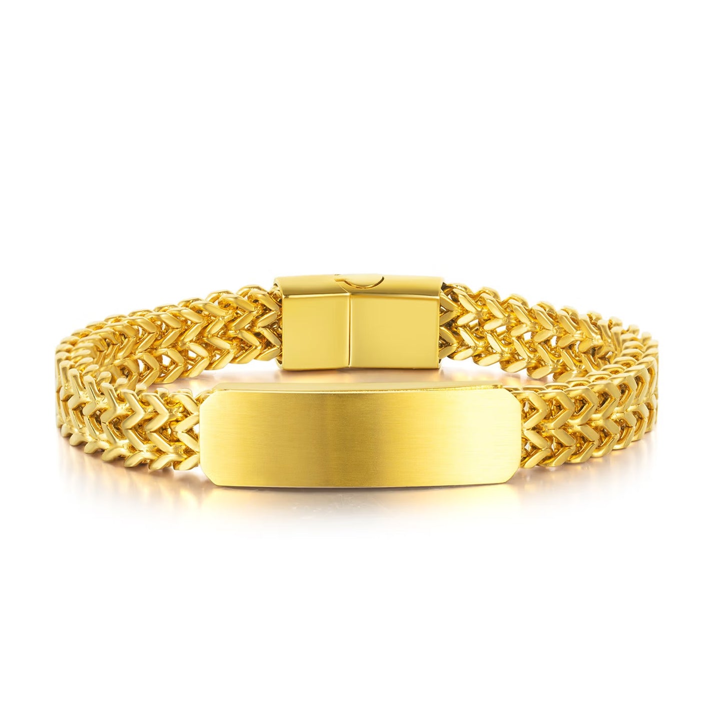 Gold custom men's bracelet with engraved nameplate