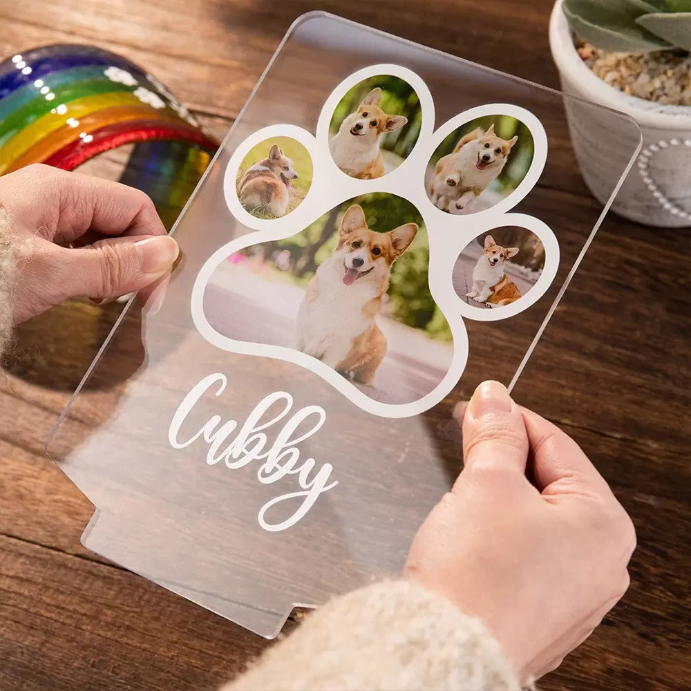 Hands holding personalized pet photo acrylic panel for custom dog memorial lamp