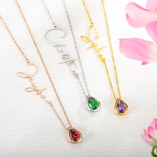 Personalised Name Birthstone Necklace | Sideways Name Necklace, Minimalist Jewelry