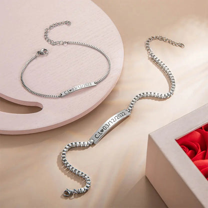 Personalized couple bracelets | Set of 2 Minimalist Bar Matching Silver bracelets