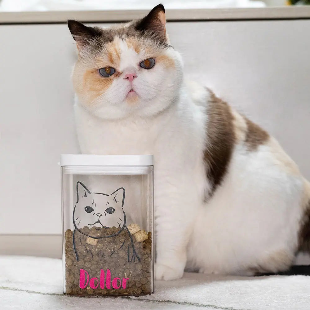 Personalized cat treat jar with custom pet portrait line drawing and name printed on clear food container
