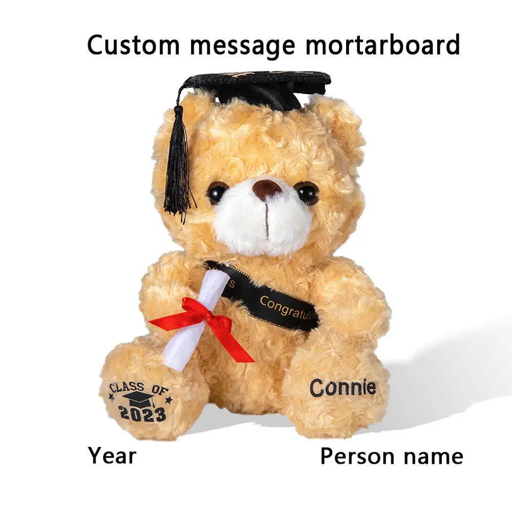 Light brown graduation teddy bear showing personalized graduation cap, graduate's name, graduation year, and custom feet