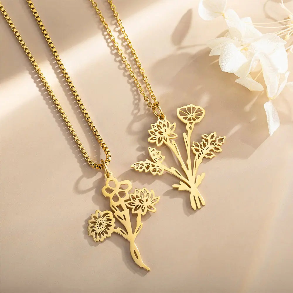 Custom Birth Flower Bouquet Necklace | Family Necklace for Mom, Grandma