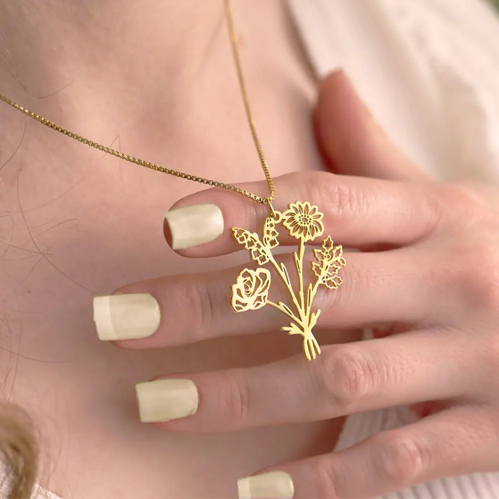 Custom Birth Flower Bouquet Necklace | Family Necklace for Mom, Grandma