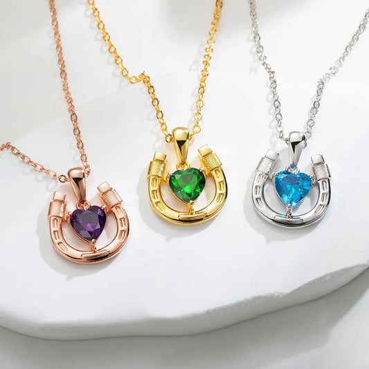 Personalized Heart Birthstone Horseshoe Necklace | 925 Sterling Silver Love & Lucky Necklace