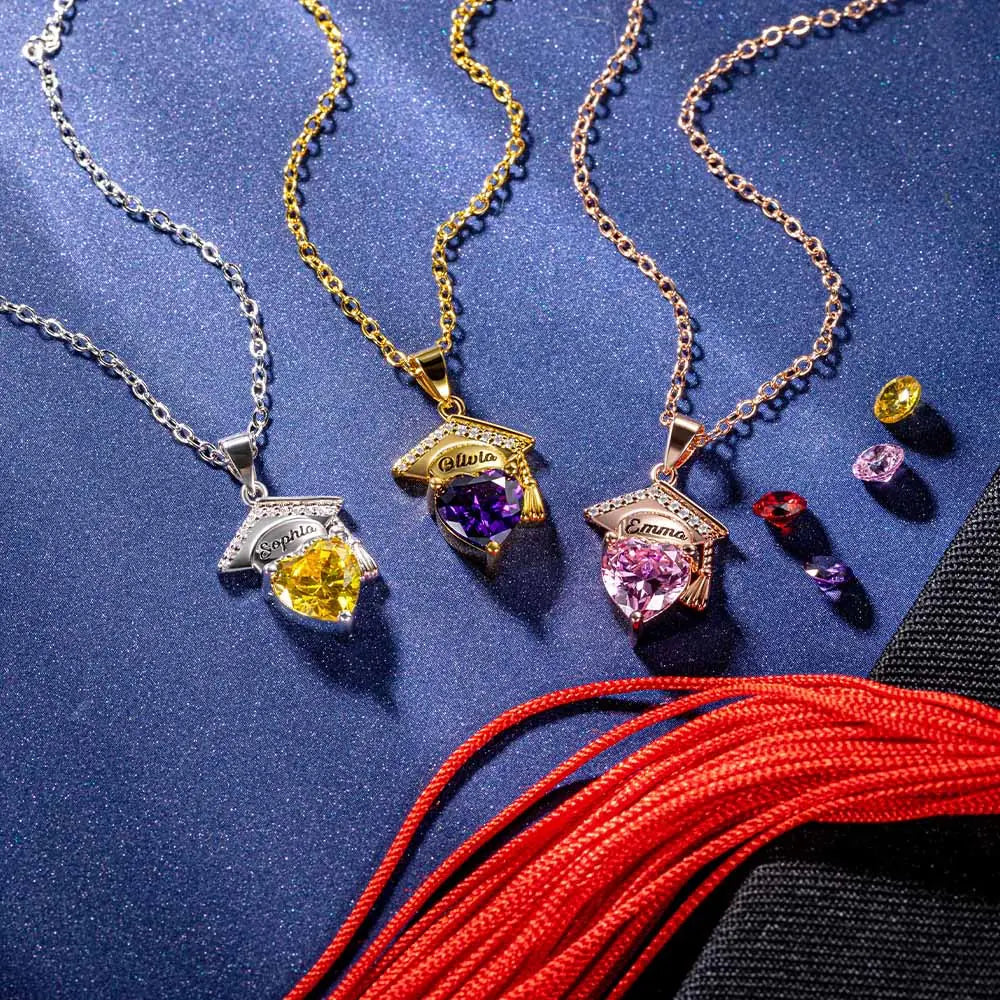 Custom graduation cap heart necklace available in silver, gold, and rose gold