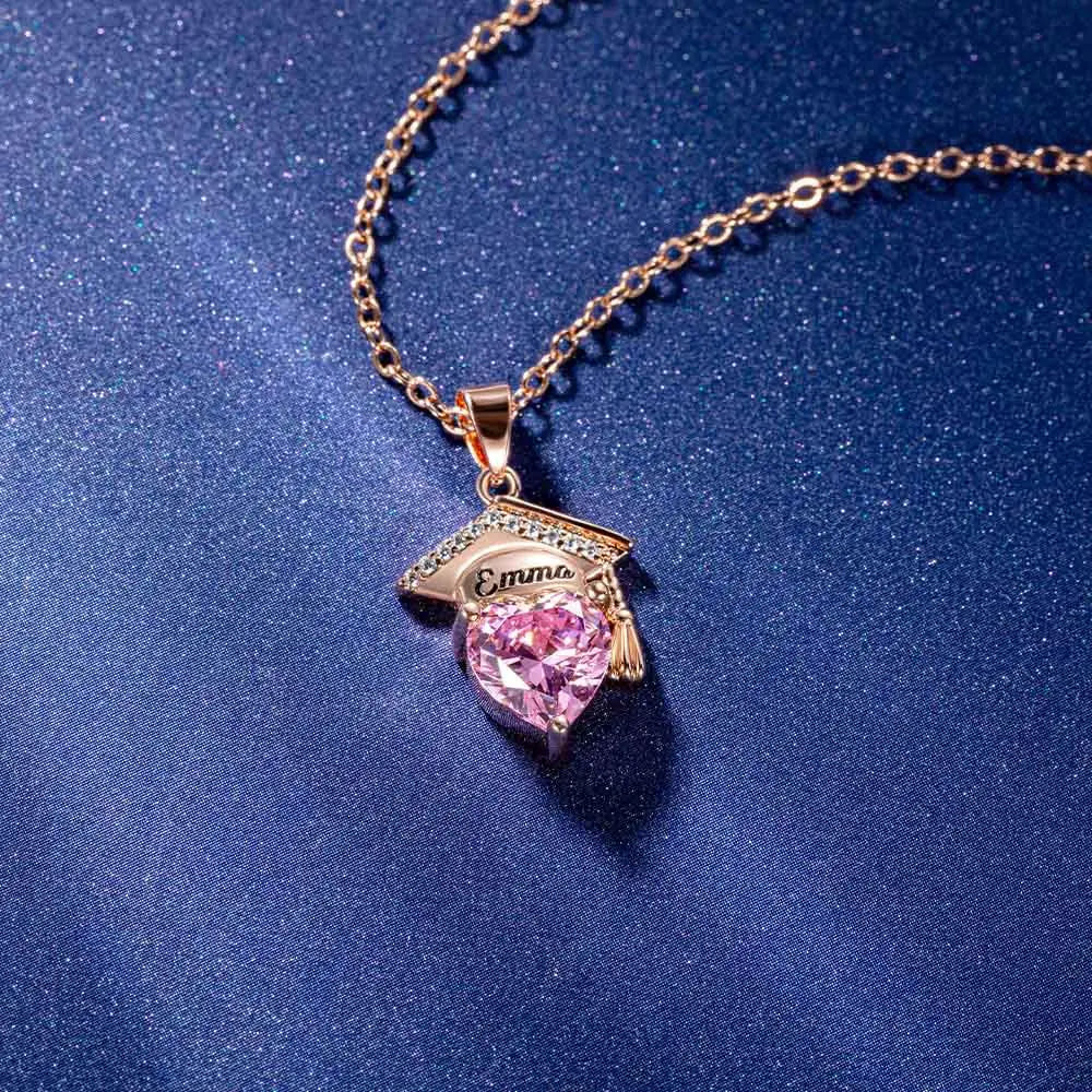 Custom Bachelor Hat Birthstone Heart Necklace| Personalized graduation gifts