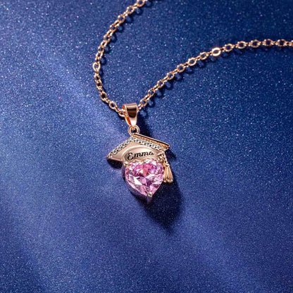 Custom Bachelor Hat Birthstone Heart Necklace| Personalized graduation gifts