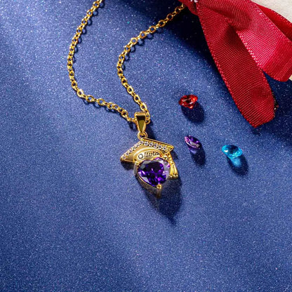 Custom Bachelor Hat Birthstone Heart Necklace| Personalized graduation gifts