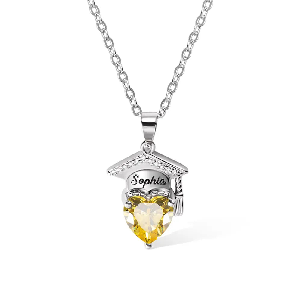 Custom Bachelor Hat Birthstone Heart Necklace| Personalized graduation gifts