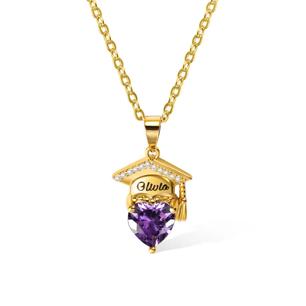 Custom Bachelor Hat Birthstone Heart Necklace| Personalized graduation gifts