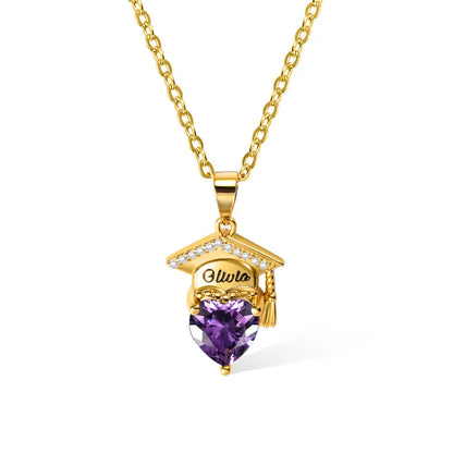 Custom Bachelor Hat Birthstone Heart Necklace| Personalized graduation gifts