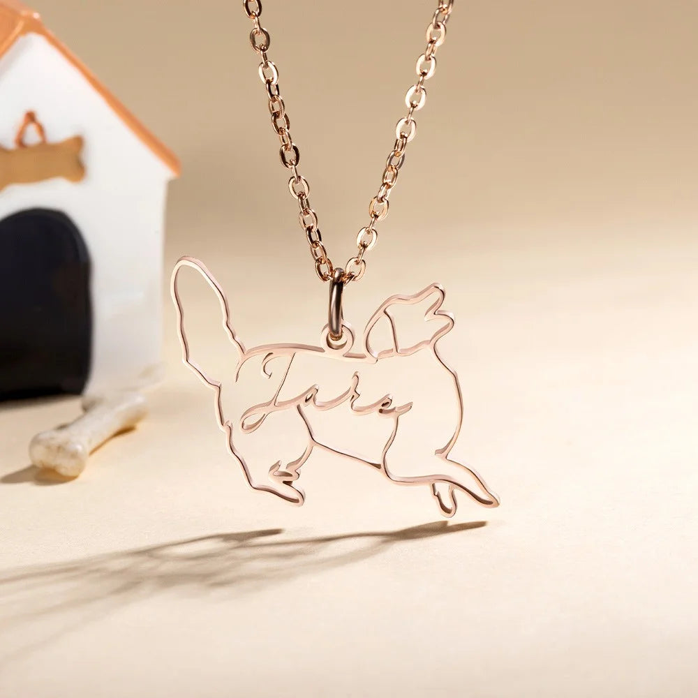 Custom One Line Art Drawing Dog Silhouette Necklace with name