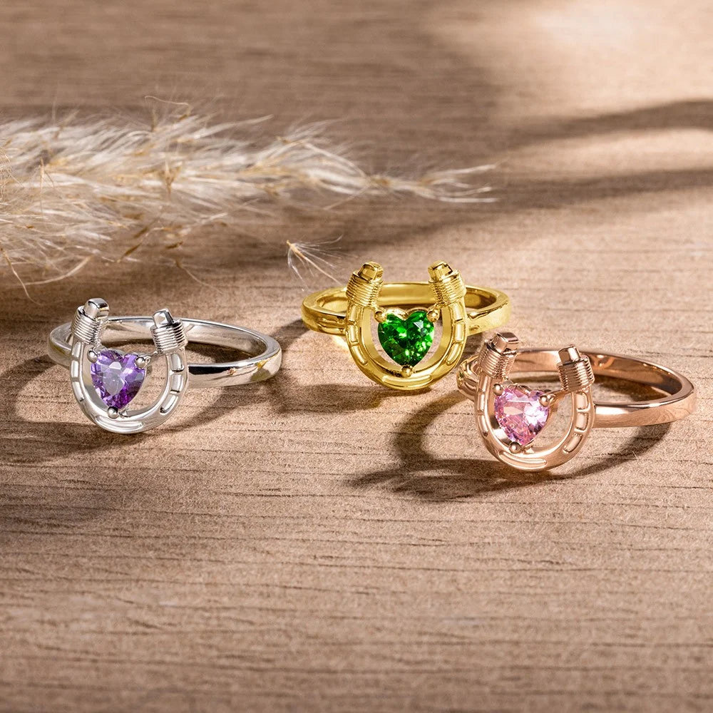 Custom Heart Birthstone Horseshoe Ring | Ladies Horseshoe Ring