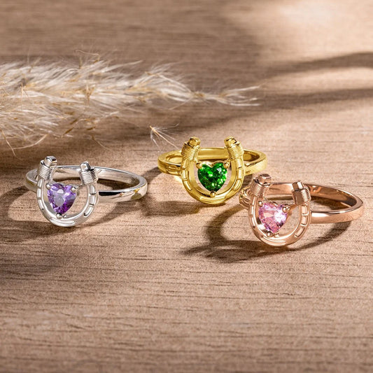 Custom Heart Birthstone Horseshoe Ring | Ladies Horseshoe Ring