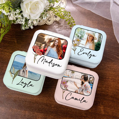 Custom Jewelry Travel Case | Photo Jewelry Case| Custom Birth Flower & Name Jewelry Box
