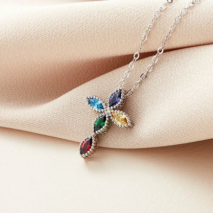 Custom Birthstone Cross Pendant Necklace | 5 Stone Birthstone Necklace