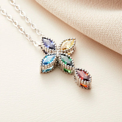Custom Birthstone Cross Pendant Necklace | 5 Stone Birthstone Necklace