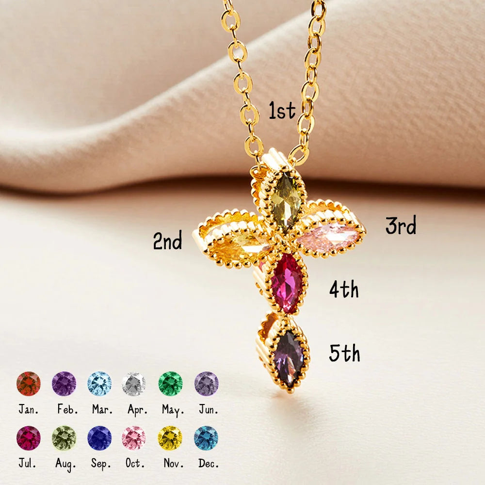 Custom Birthstone Cross Pendant Necklace | 5 Stone Birthstone Necklace
