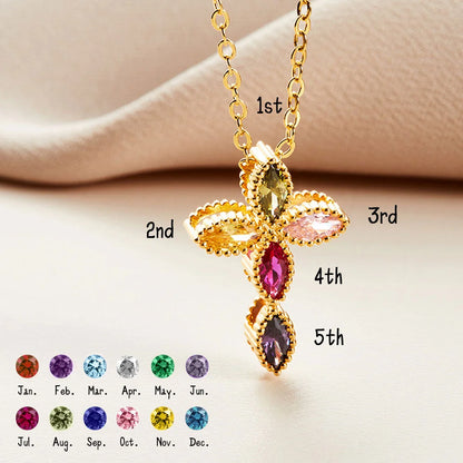 Custom Birthstone Cross Pendant Necklace | 5 Stone Birthstone Necklace