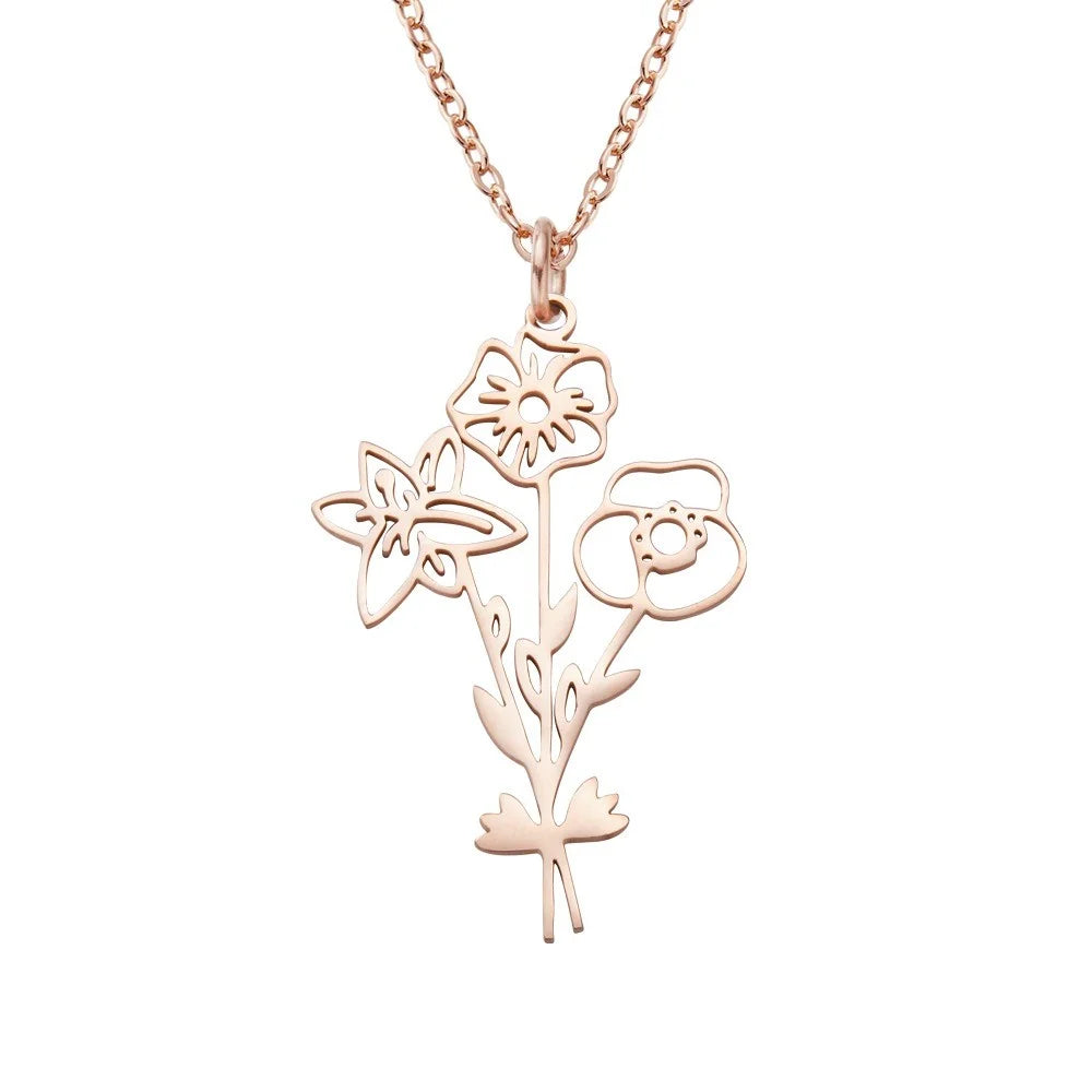 Rose gold birth flower bouquet pendant necklace on a white background