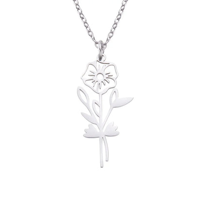 Silver floral pendant necklace on a white background