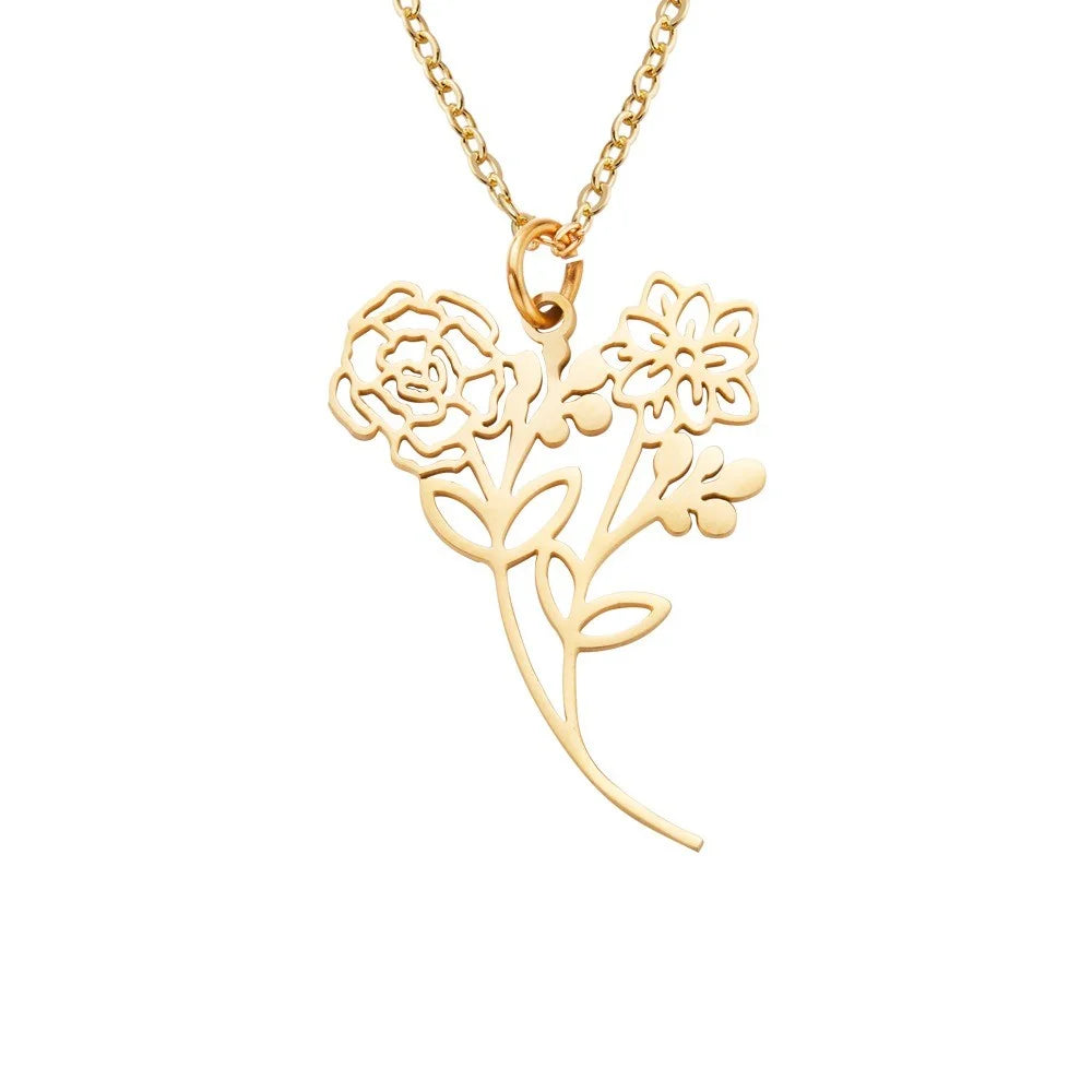 Gold birth flower bouquet pendant necklace on a white background