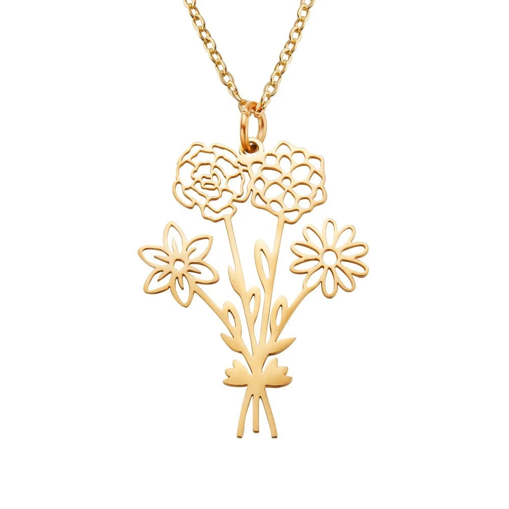 Gold birth flower bouquet pendant necklace on a white background
