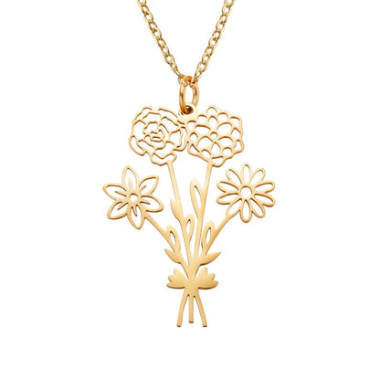 Gold birth flower bouquet pendant necklace on a white background