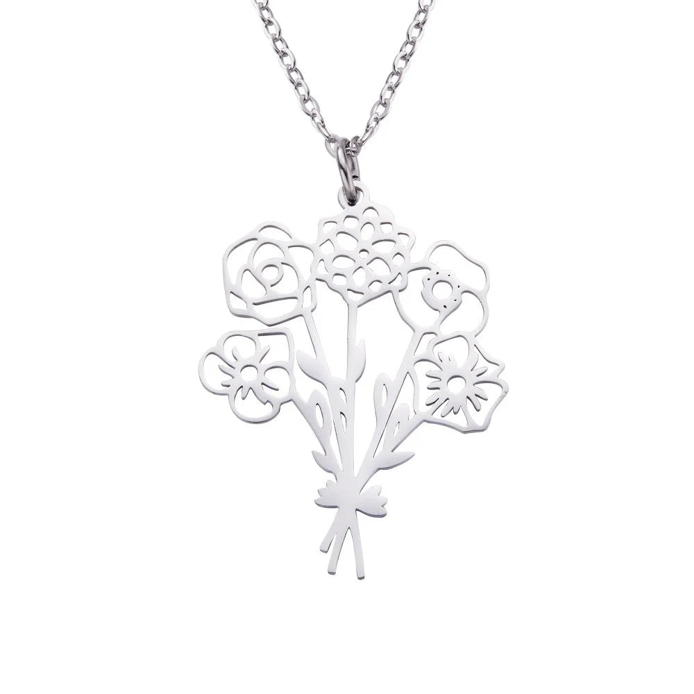 Silver birth flower bouquet pendant necklace on a white background