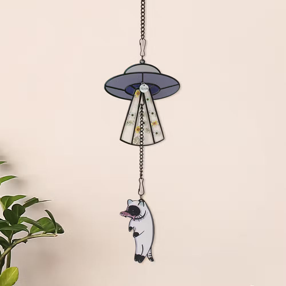 Personalized Cat UFO Suncatcher with Pressed Flowers | Custom Cat Name Ornament
