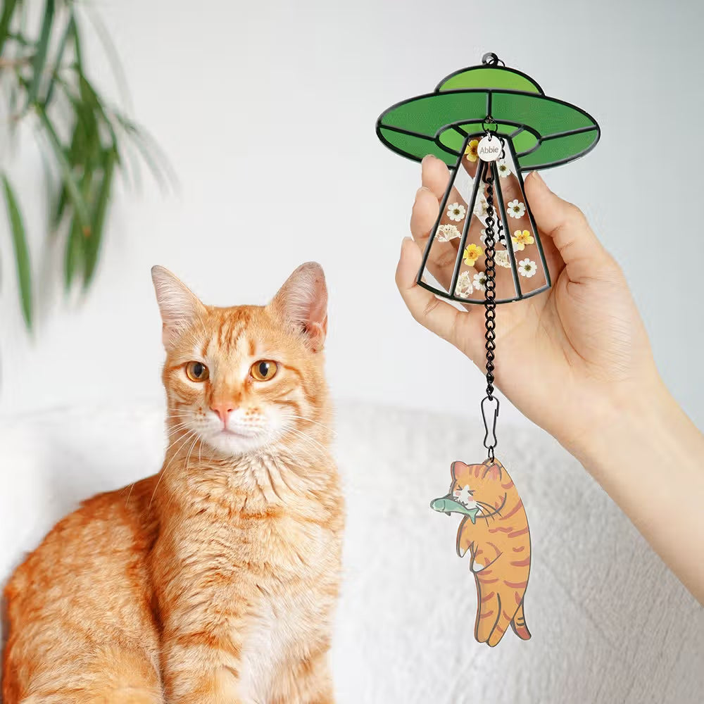 Personalized Cat UFO Suncatcher with Pressed Flowers | Custom Cat Name Ornament