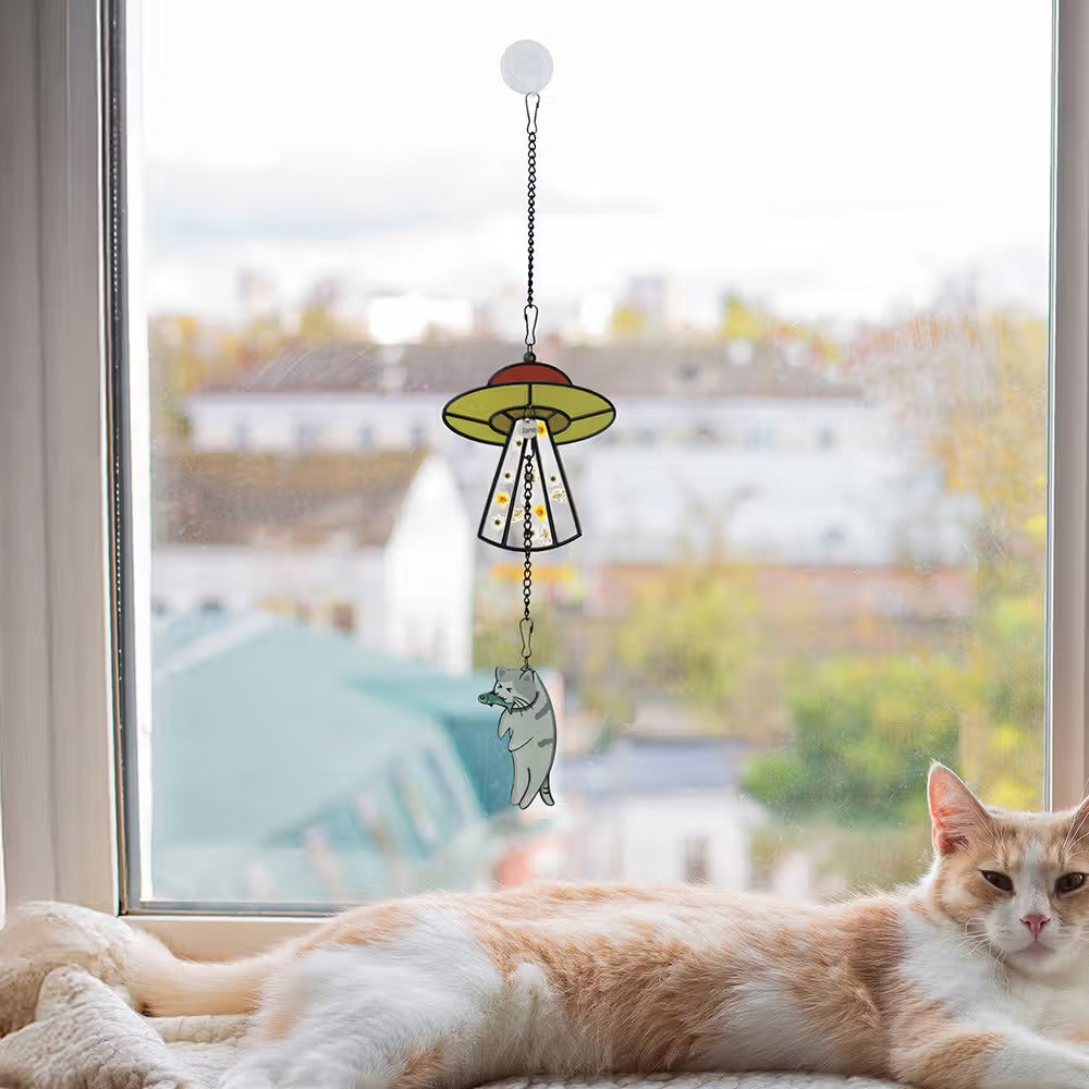 Personalized Cat UFO Suncatcher with Pressed Flowers | Custom Cat Name Ornament