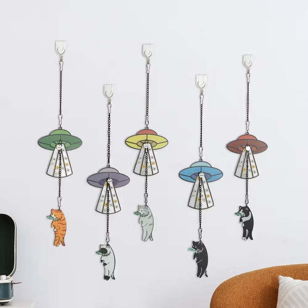 Personalized Cat UFO Suncatcher with Pressed Flowers | Custom Cat Name Ornament