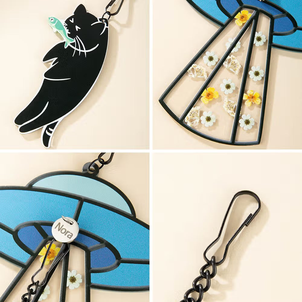Personalized Cat UFO Suncatcher with Pressed Flowers | Custom Cat Name Ornament