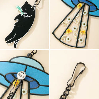 Personalized Cat UFO Suncatcher with Pressed Flowers | Custom Cat Name Ornament
