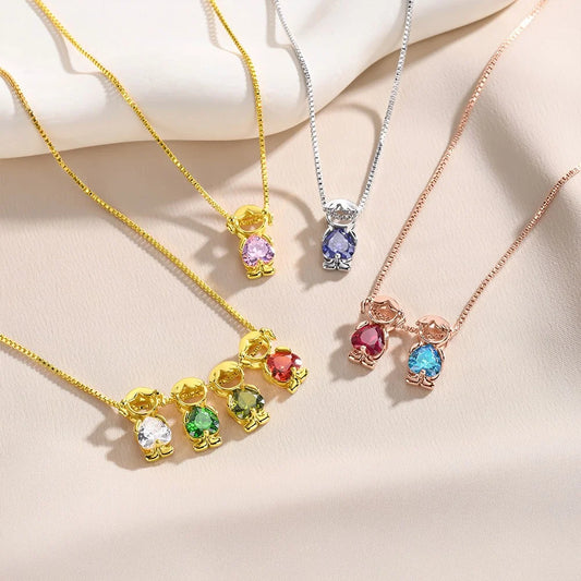 Personalized birthstone mom necklace in gold, silver and rose gold with colorful gemstone child charms