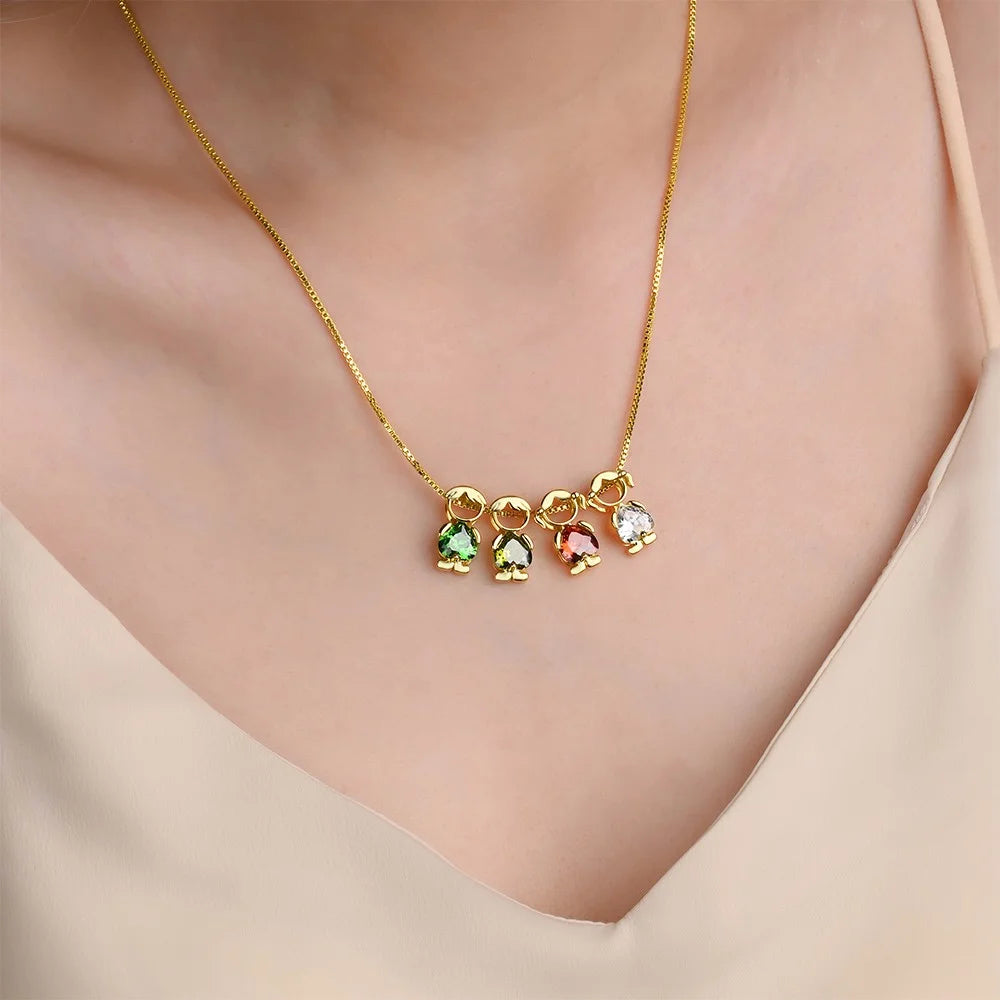 Family birthstone necklace with multiple children charms in gold, personalized mom jewelry