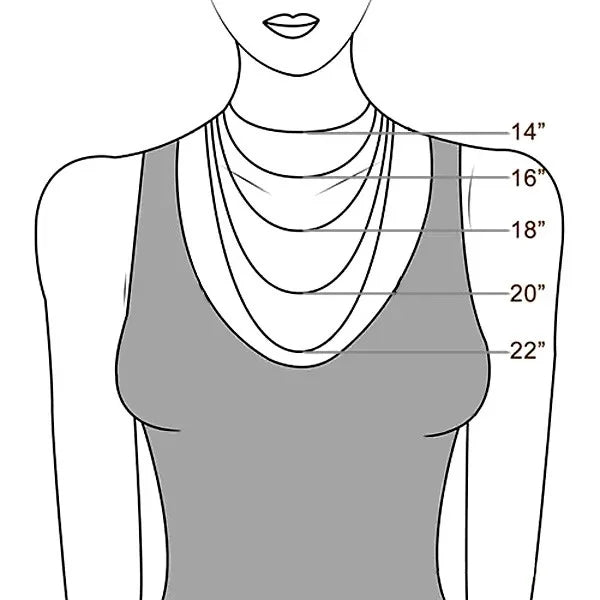 Diagram showing necklace length measurements on a person wearing a gray tank top.