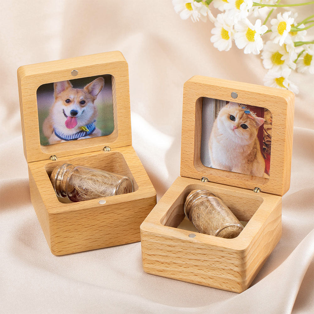Two wooden custom boxes with pet photos on a soft background