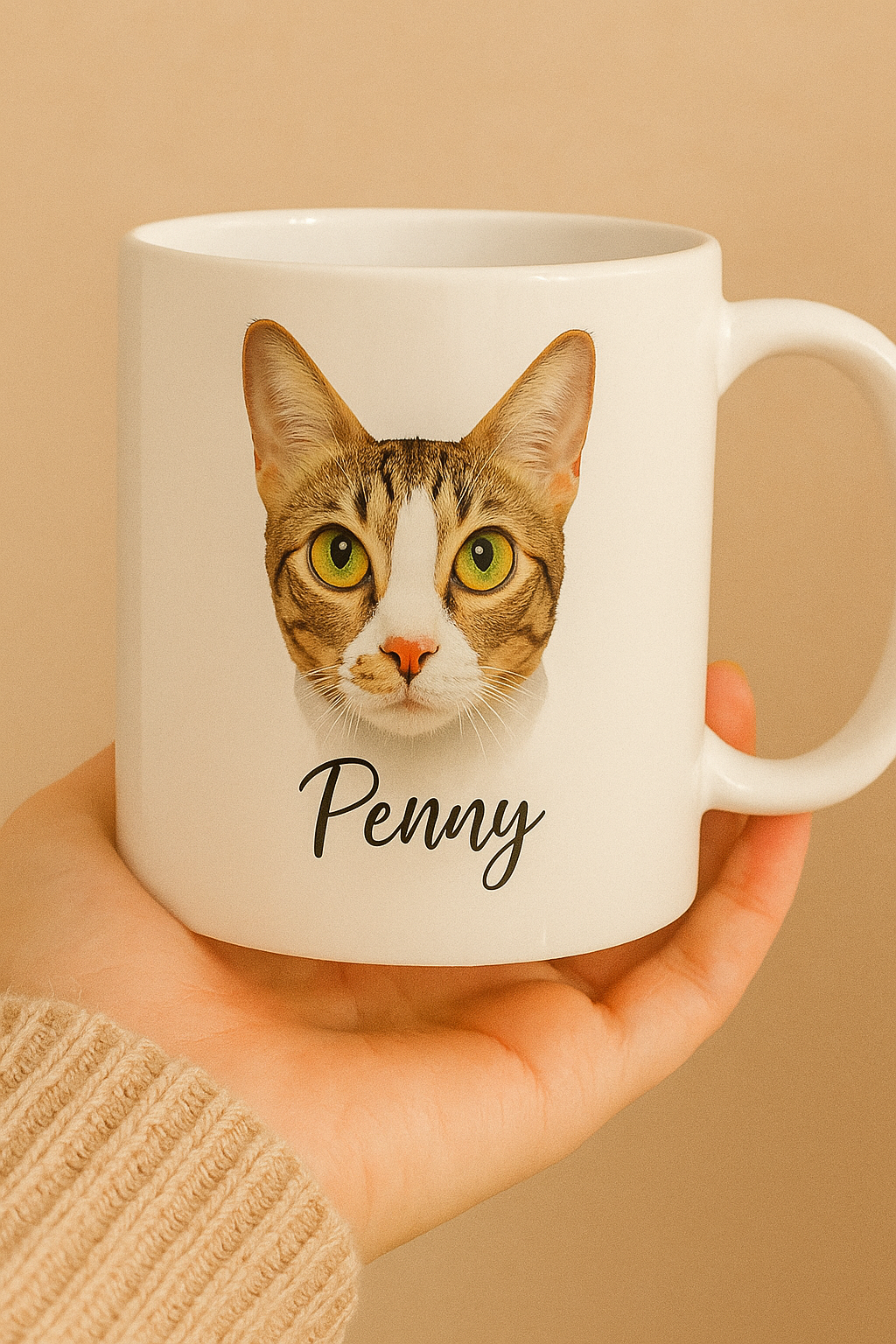 Mug with a cat's face printed on it and the name 'Penny' held by a person against a beige background