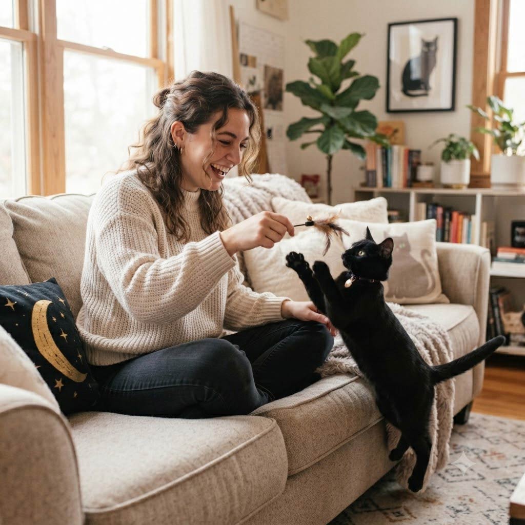 A woman sitting on a beige couch in a bright living room, smiling as she plays with a black cat that is stretching upward to reach her hand. The scene is warmly lit by natural light from the windows in the background.