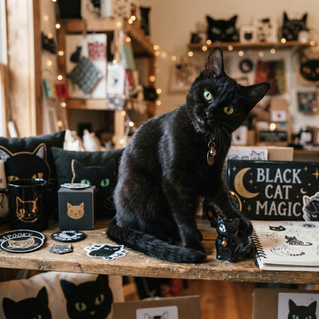 A black cat with green eyes sits on a rustic wooden shelf surrounded by personalized black cat gifts, emphasizing customized accessories for pet owners and their "little shadows." The cozy craft shop background features string lights and various cat-themed merchandise.